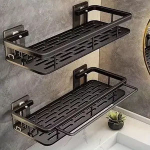 Wall-Mounted Storage Rack Set with 2 Hooks, Heavy-Duty Plastic No-Drill Adhesive/bolt Installation, Space-Saving Bathroom & Kitchen Organizer, Shower Shelf, Bathroom Organizing Accessories