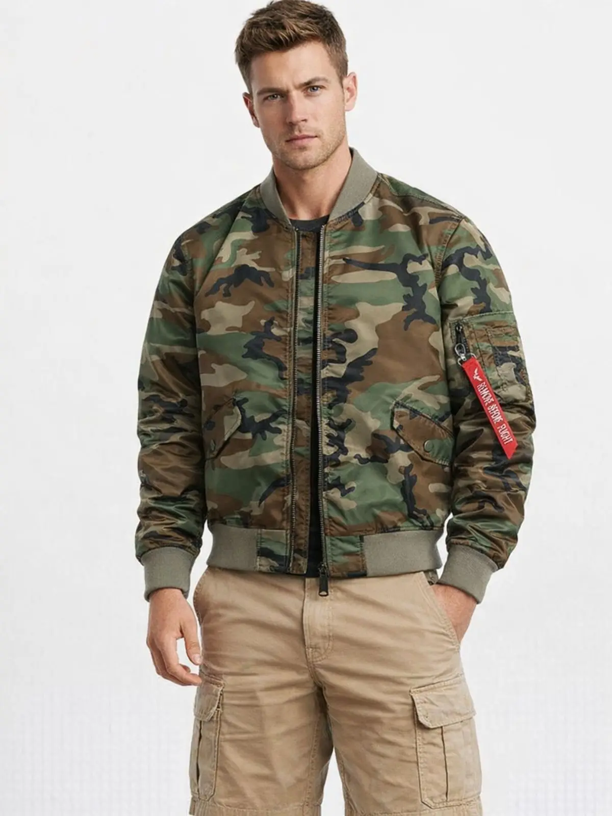 Men’s camouflage aviator jacket, classic outerwear with red ribbon, outdoor military-style jacket