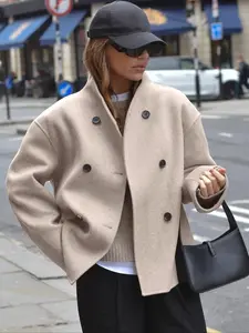 Women's Y2K Style Long Sleeve V-Neck Collared Lady Coat, Fall & Winter Casual Aesthetic Fashion Outerwear, Warm Wool Blend Jacket for Commuting & Outdoors, Womenswear, Garments