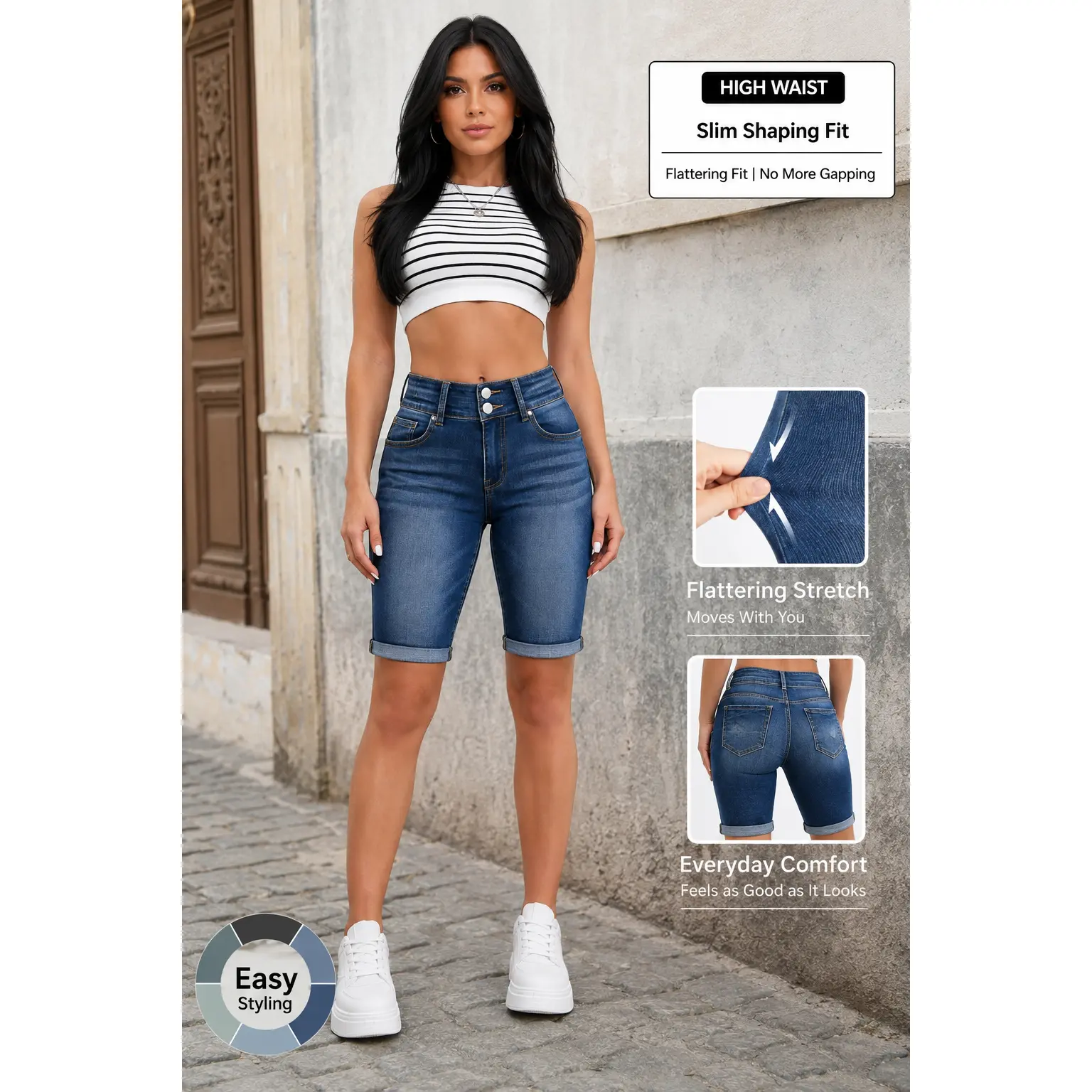 Women's High Waisted Denim Bermuda Shorts, Dark Wash Stretch Jean Shorts with Cuffed Hem