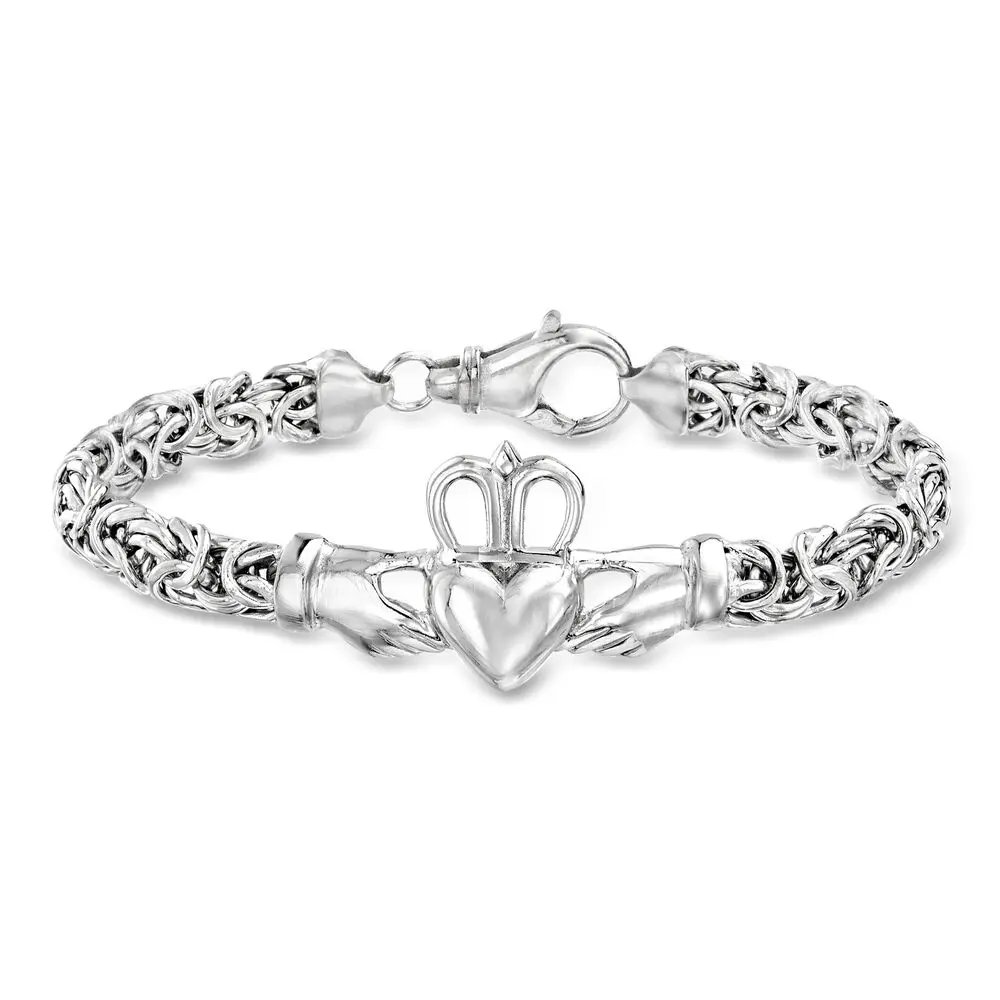 Silver Vintage Byzantine Link Claddagh Charm Bracelet, Fashion Claddagh Bracelet, Byzantine-Style Fashion Bracelet, Comes with Gift Box