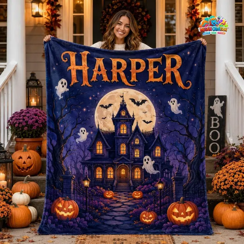 Personalized Halloween Blanket, Haunted House Fleece Blanket, Spooky Decor Gift, Halloween Home Decor 22