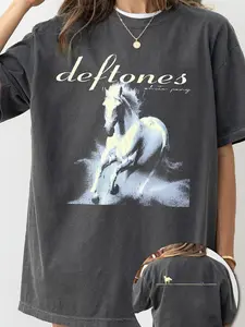 Women's Deftones & Letter Print Round Neck Graphic Tee, Vintage Trendy Casual Streetwear Short Sleeve Fitted Everyday T-shirt for Daily Wear, Ladies Summer Outfit