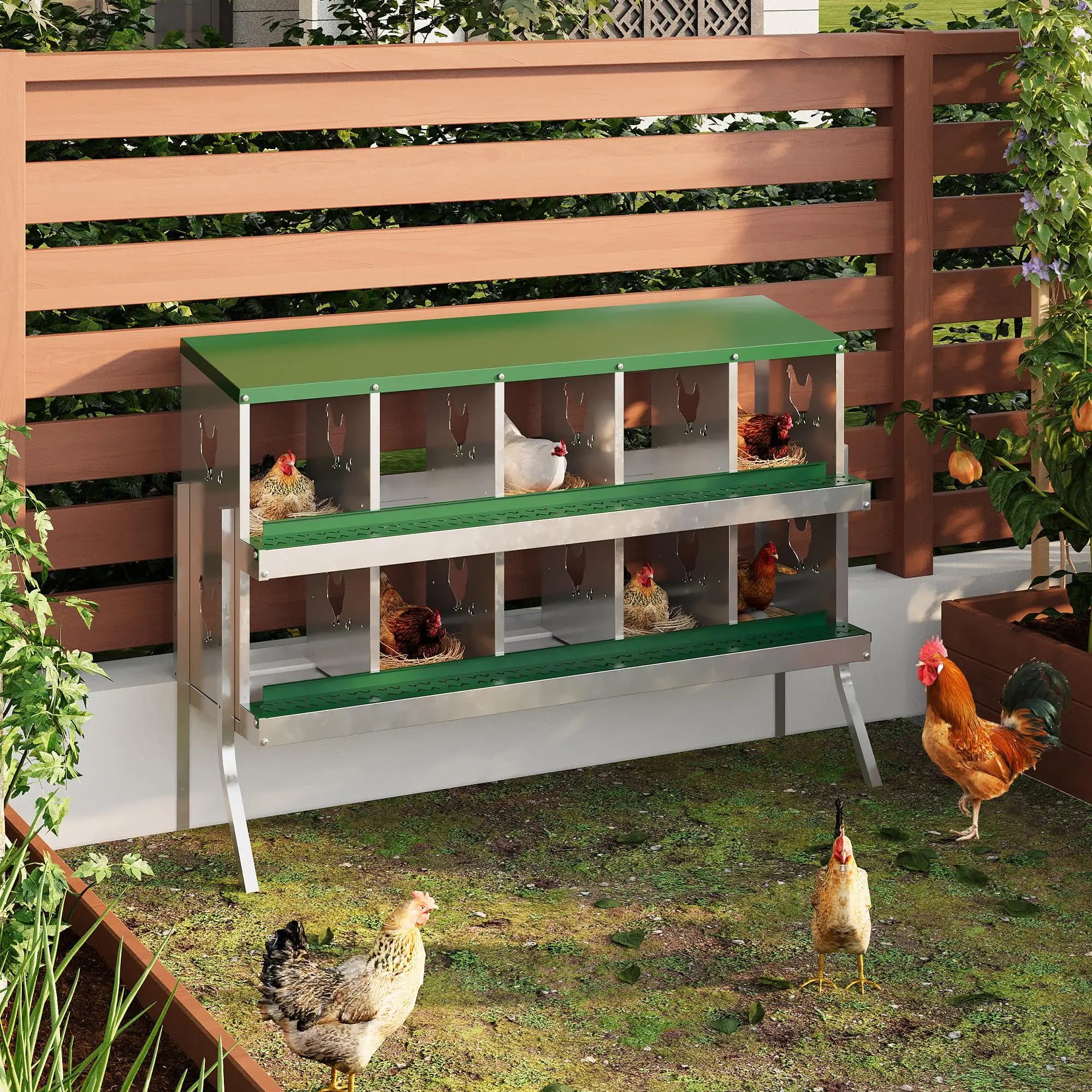 10 Compartment Chicken Nesting Box with Metal Legs–Durable Design,Perch&Versatile Wall Mount/Free Standing for Comfortable Hen Laying,Green