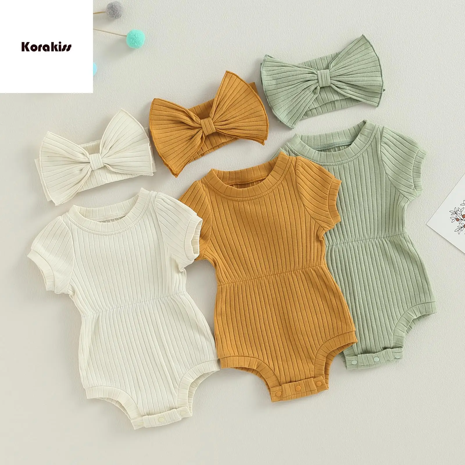 Baby Girl 2 Piece Outfits Solid Color Short Sleeve Romper with Bow Headband Set Summer Clothes