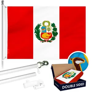 G128 Combo Pack: 6 Ft Tangle Free Aluminum Spinning Flagpole (Silver) & Peru Peruvian Flag 3x5 Ft, Double ToughWeave Series Double Sided Embroidered 210D Polyester | Pole with Flag Included