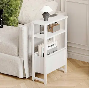 Narrow Side Table with Magazine Rack, 3-Tier Slim End Table for Small Spaces, Skinny Bedside Nightstand with Storage Shelf & Fabric Basket, Sofa Couch Table for Living Room & Bedroom, White writing flexible