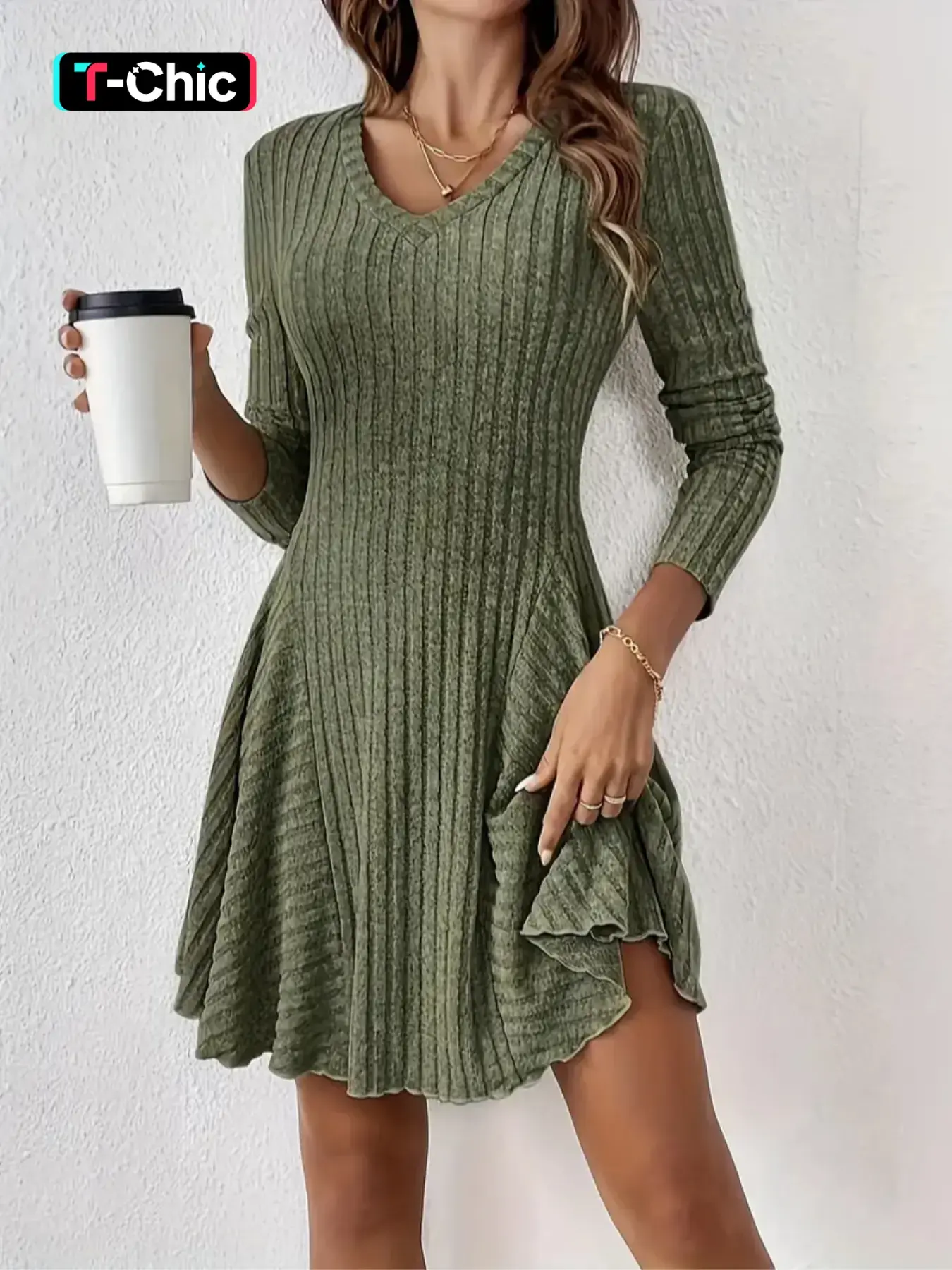 Women's Plain Lettuce Trim V Neck A Line Fabric Dress, Casual Long Sleeve Short Dress Fit for Fall & Winter, Ladies Clothes for Daily Wear Piece