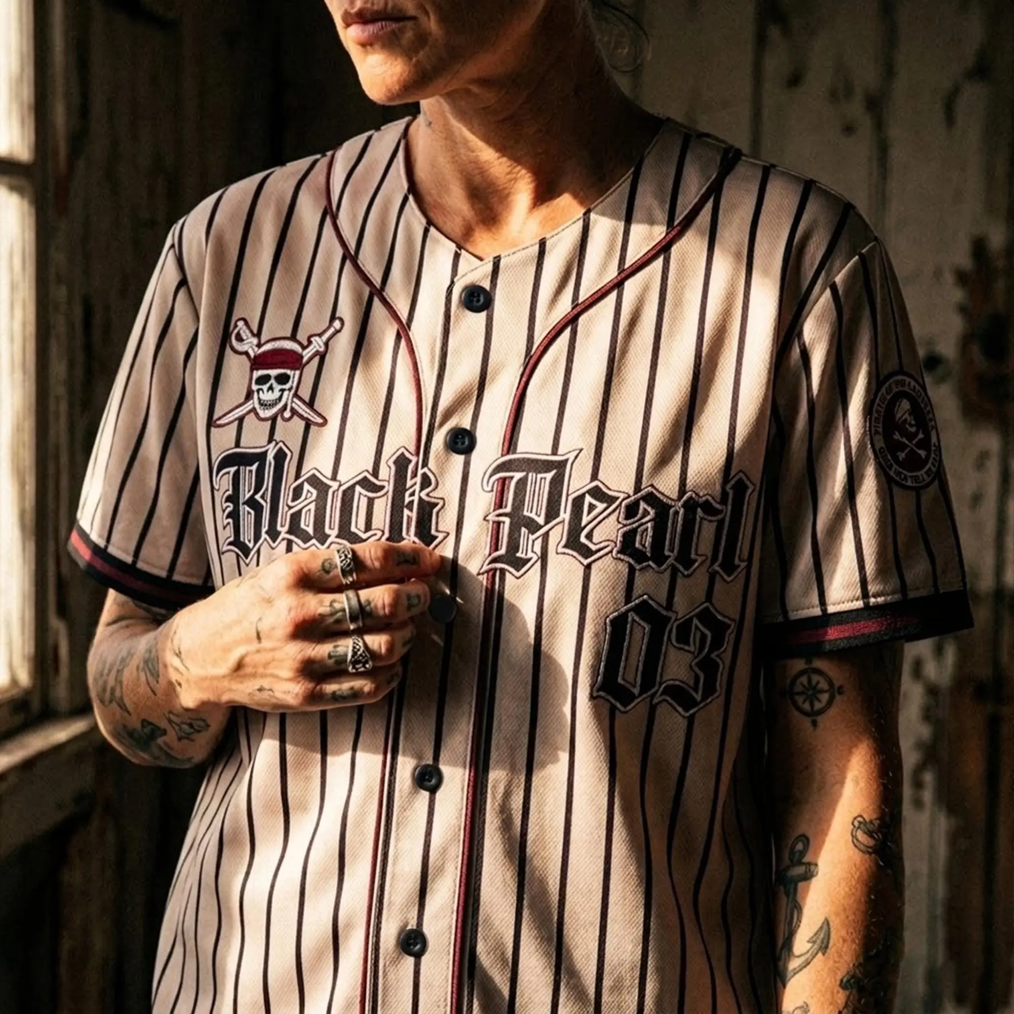 Black Pearl 03 Baseball Jersey, Cream Pinstripe Pirate Captain Shirt, Vintage Caribbean Outlaw Button Up, Unisex Cosplay Sports Jersey