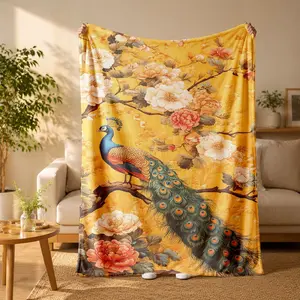 Yellow Background Peony and Peacock Print Flannel Blanket - Suitable for all seasons, soft, lightweight and breathable, for bedroom, seasonal and holiday decorations - Perfect for beds, sofas, offices, camping and travel