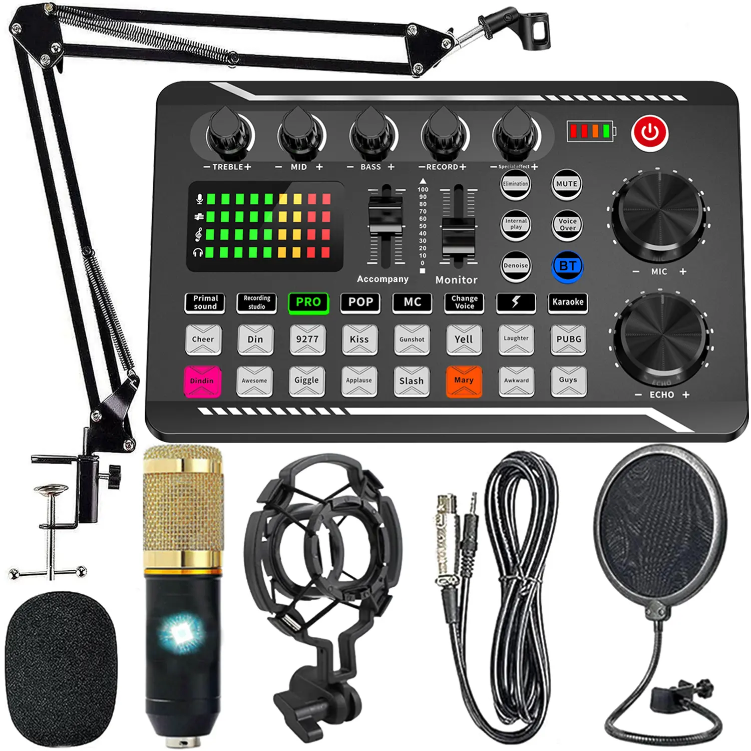 Professional Podcast DJ Audio Interface Bundle Kit: Live Sound Card, Audio Mixer for Console Recording, Microphone Stand, 1 Mic for PC/Phone Karaoke Streaming & Content Creation