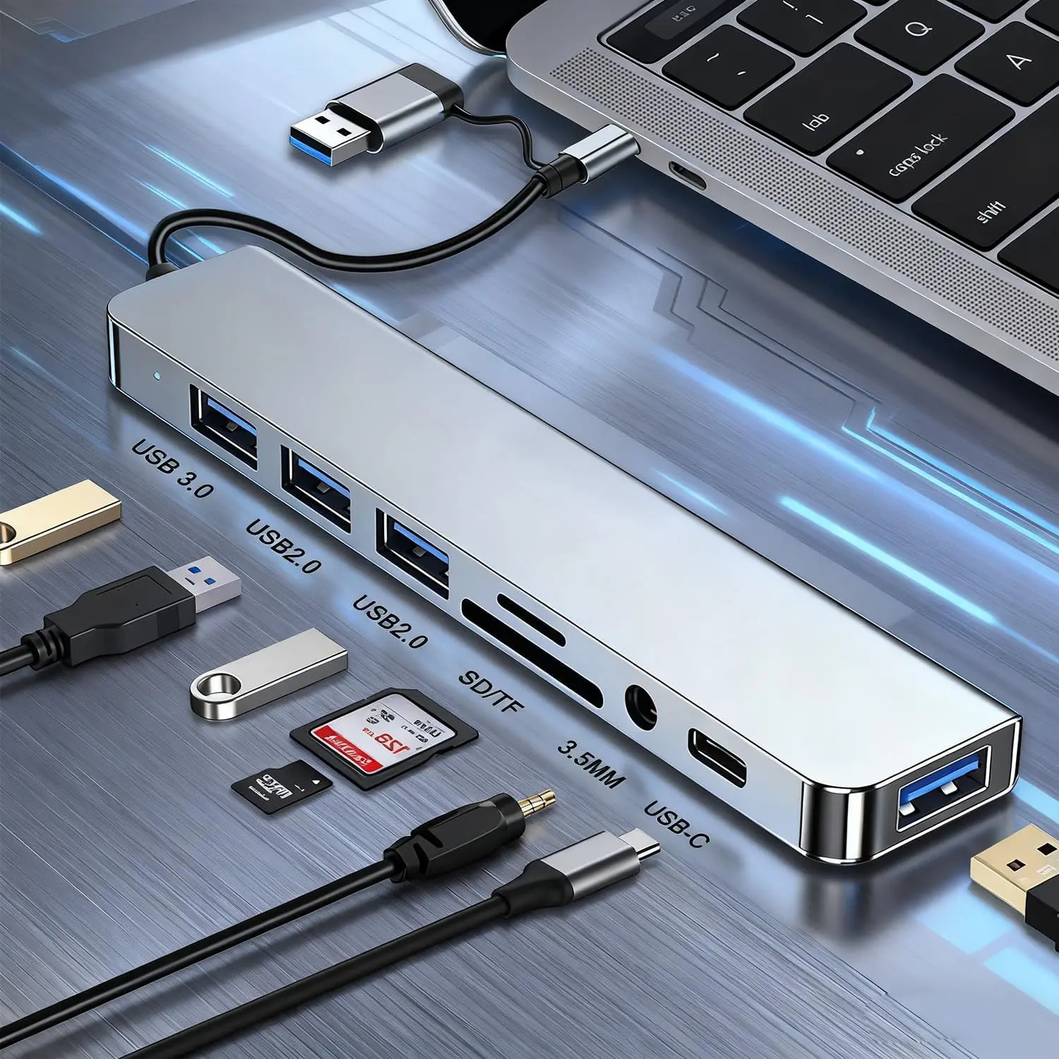 USB C Hub Type C to PD Data Ports TypeC Multiport Adapter Revodok Docking Station 10 in 1 Extender 4USB Ports TF/SD Card Reader 3.5mm Audio Jack C Port Dual USB A/C Input Dongle for iPhone/Samsung/Macbook Air Pro/iPad Pro/XPS Computer Camera data transfer