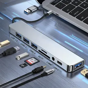 USB C Hub Type C to PD Data Ports TypeC Multiport Adapter Revodok Docking Station 10 in 1 Extender 4USB Ports TF/SD Card Reader 3.5mm Audio Jack C Port Dual USB A/C Input Dongle for iPhone/Samsung/Macbook Air Pro/iPad Pro/XPS Computer Camera data transfer