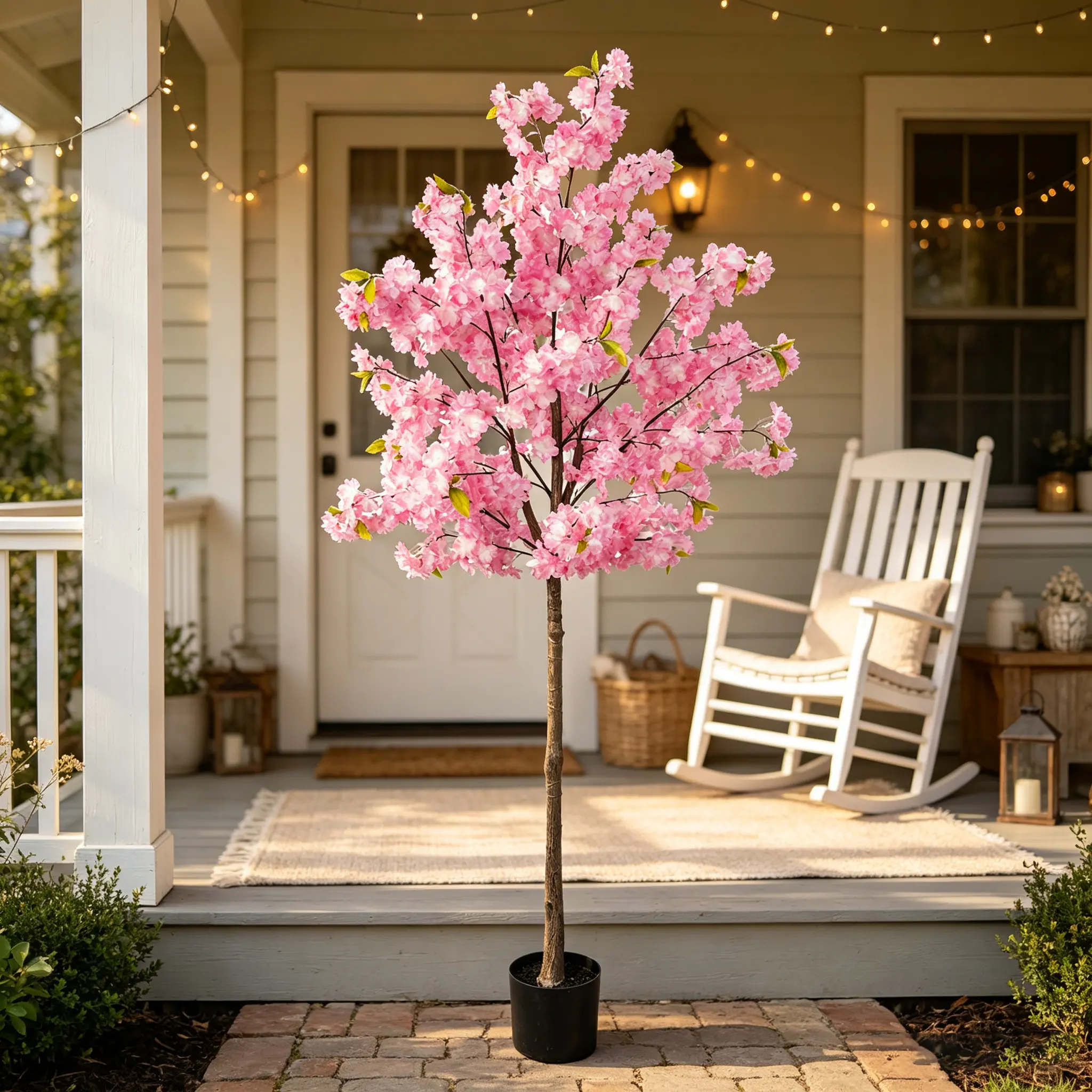 Artificial Cherry Blossom Tree, 5.2FT Pink Faux Cherry Blossom Tree in Black Pot, Fake Sakura Flower Tree for Front Porch Patio Home Wedding Party Spring Decor, Indoor Outdoor Artificial Floral Tree.
