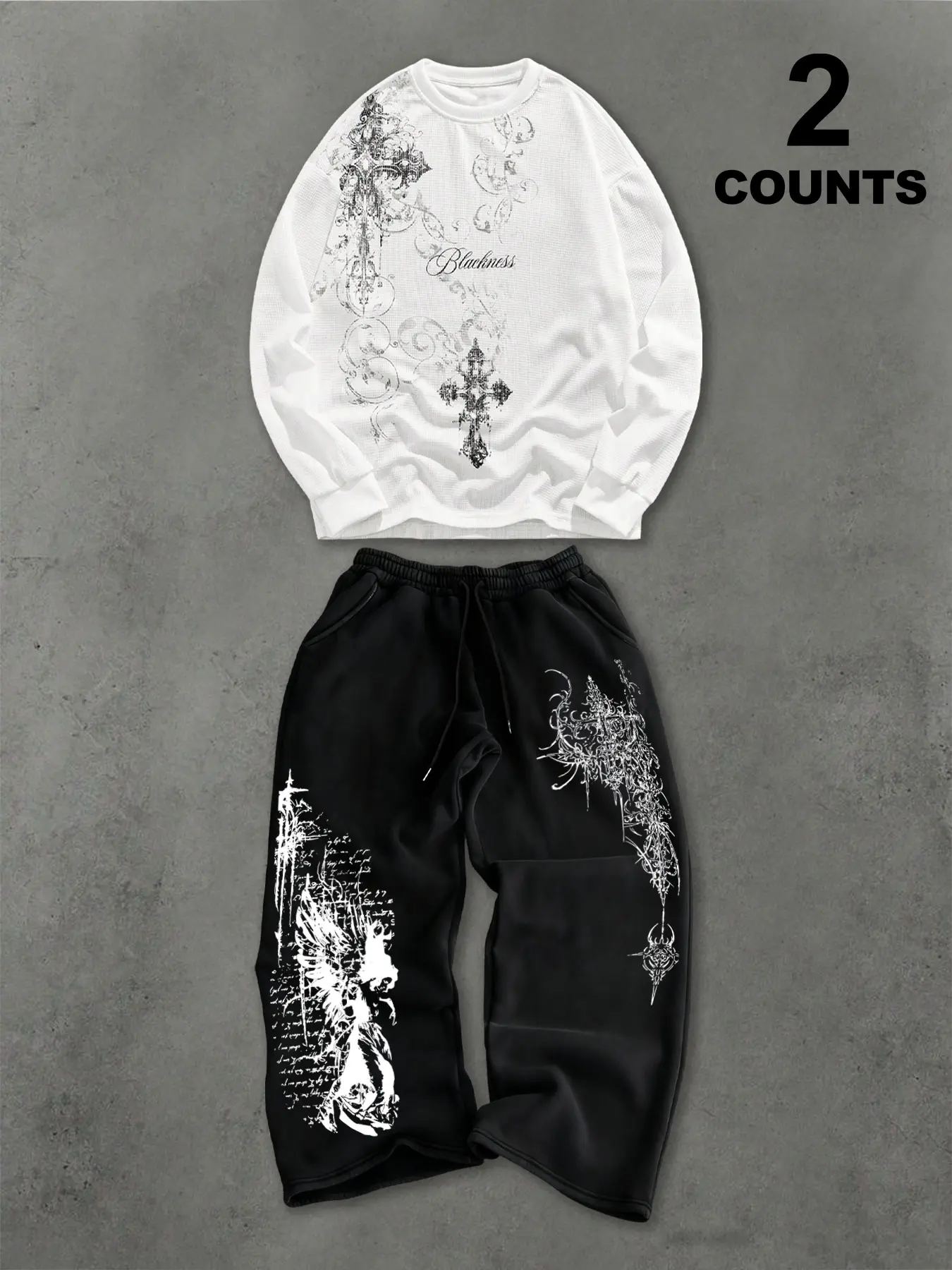 Men's Gothic Aesthetic Style Two-Piece Matching Set, Gothcore Blackness Cross Emblem Waffle Long Sleeve Sweatshirt & Dark Angel Print Wide Leg Pants