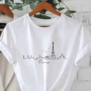 Fashionable Women'S T-Shirt with Short Sleeves And a Round Neck,Paris Skyline Eiffel Tower Minimalist Line Art T-Shirt, Women's 100% Cotton Casual Tee