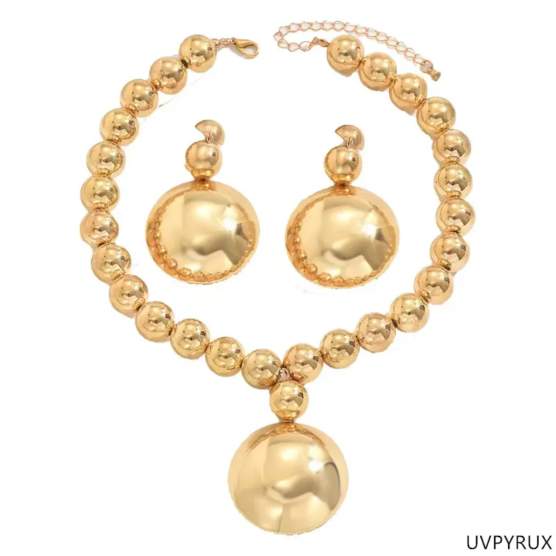 Statement Jewelry Sets for Women, Gold-Tone Beaded Necklace with Matching Stud for Wedding, Bridal Accessory, Female, Statement Gold-Tone, Plain