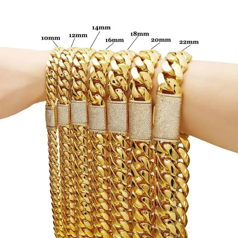 The Classic Clasp Gold color Cuban Cuban Link Chain| 5A Cubic Zirconia, Iced-Out Clasp,| Luxury 14K Gold Necklace| Non-Tarnish Stainless Steel, 10-22mm Hip Hop Jewelry Stylish Statement Accessory