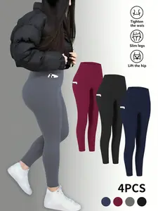 4-Pack High-Waisted Yoga Pants w/Pockets - Squat-Proof & Tummy Control, Lightweight Polyester, Hand Wash Care, Suitable for All Seasons