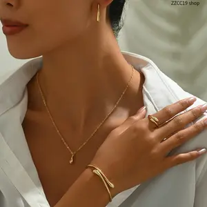Women's 4-Piece Minimalist Water Drop Coordinated Jewelry Set - Gold Dainty Necklace, Earrings, Ring, Bracelet - Everyday Elegant Dainty Jewelry Sets for Women, Jewelry For Women