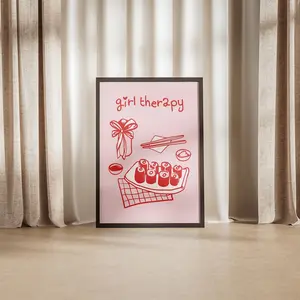 Sushi Girl Therapy Coquette Core Red Pink Preppy Print, Girly Bow Trendy Poster, Asian Japanese Cuisine Night Retro Wall Art, Cute Kitchen, Unframed