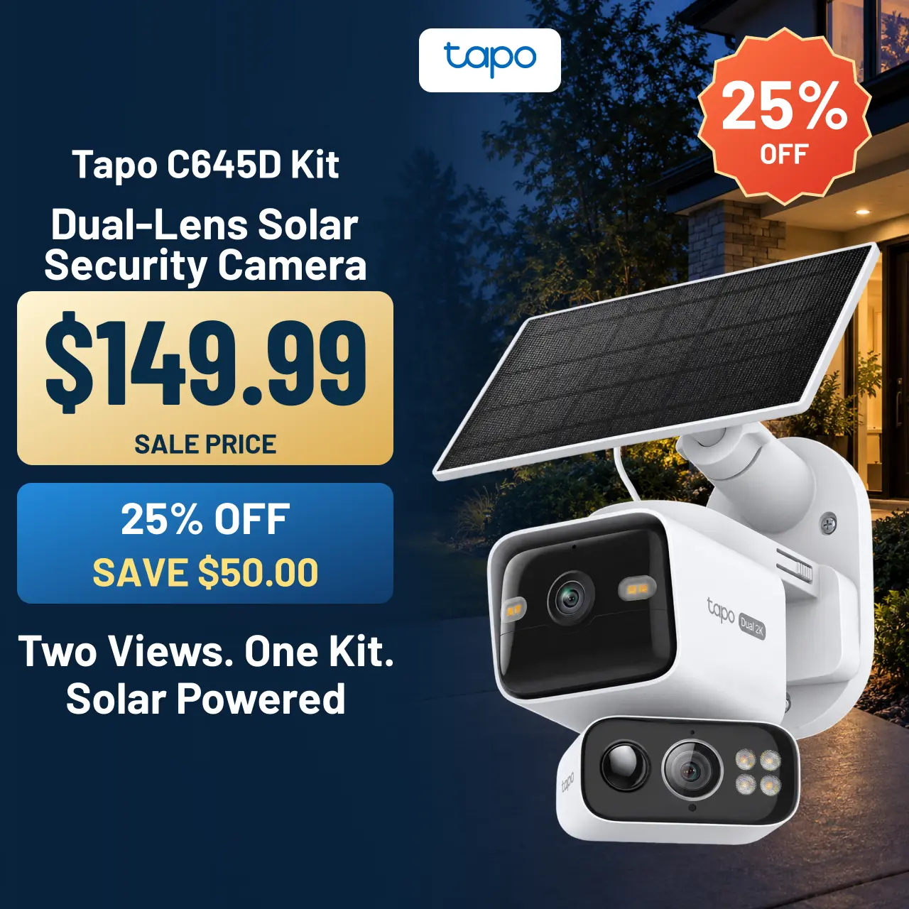 TP-Link & Tapo  C645D KIT Dual Lens Pan/Tilt Security Battery Camera Wireless w/Solar Panel, 2K 3MP 165° Wide-Angle + 6mm Telephoto, Free Person/Vehicle Detection, 360° Pan, SD/Cloud Storage, Works w/Alexa & Google  #SummerWins #DealsForYouDays, Wi-Fi