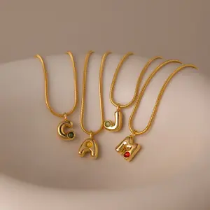 Gemstone Bubble Initial Necklace by Caitlyn Minimalist - Chunky 18K Gold Plated Letter Pendant Necklace in Snake Chain - Trendy Birthstone Jewelry - Best Friend Gift