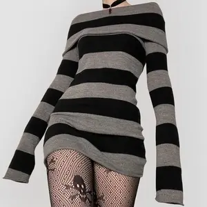 Women Gothic Off Shoulder Mini Dress Aesthetic Long Sleeve Stripe Bodycon Short Dress Sexy Wrap Ribbed Knit Sweater Dress Summer Casual Style Fashion Trendy Womenswear Boat Check Hip Light Party Polyester(Raincoats)