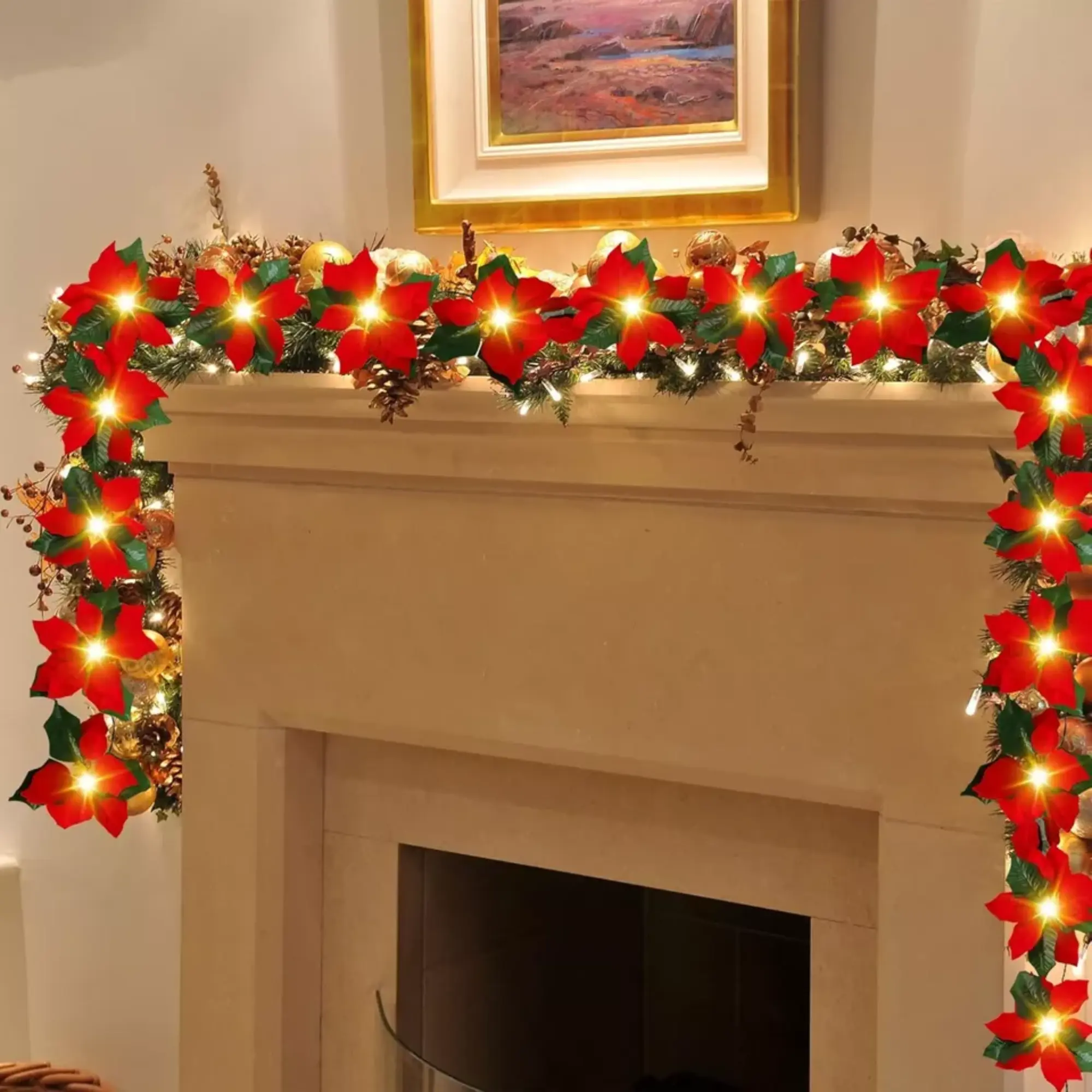 Christmas Garland With Lights Stair Fireplace Tree Light Indoor Outdoor Decor