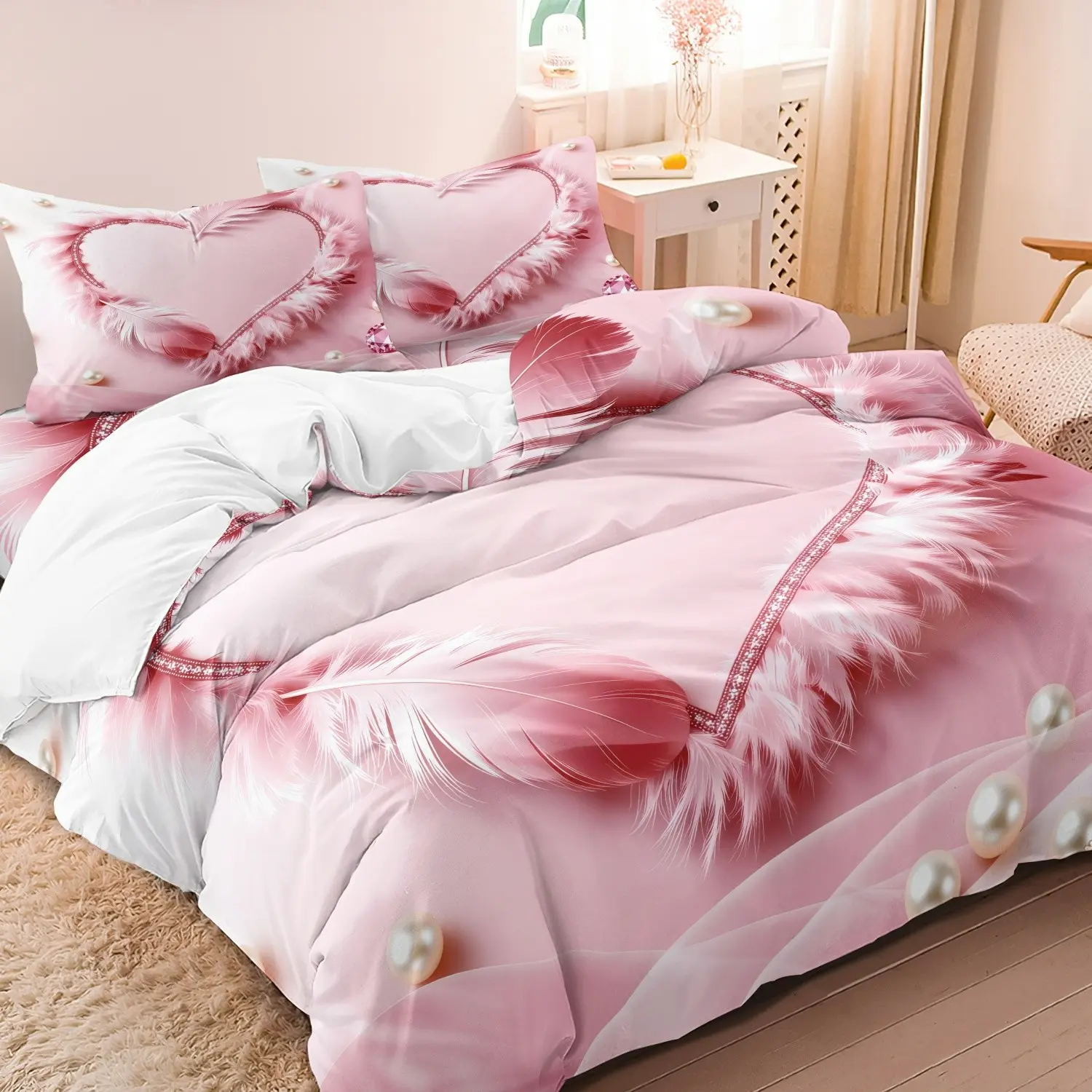 3pcs Pink Feather Heart Decorative Duvet Cover Set (1 Duvet Cover + 2 Pillowcases, No Core), Comfy Bed Sets, Suitable For All Seasons, Home Or Dorm Use, Featuring High-Definition Prints, Soft, And Comfortable For Couples, Bedroom Bedding Set