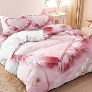 3pcs Pink Feather Heart Pearl Diamond Duvet Cover Set (1 Duvet Cover + 2 Pillowcases, No Core), Suitable For All Seasons, Home Or Dorm Use, Featuring High-Definition Prints, Romantic, Soft, And Comfortable For Couples, Bedroom Bedding Set