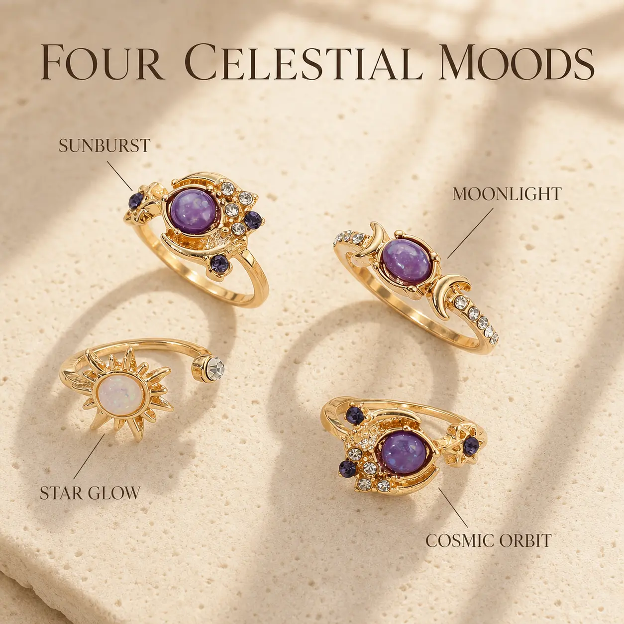 Unisex 4-Piece Sky Sun & Moon Stackable Ring Set - Non Tarnish, Tarnish Proof, Purple Crystal Thumb Rings, Festive Party Gift Fashion Jewelry Accessory, Non Tarnish Jewelry, Tarnish Proof Jewelry