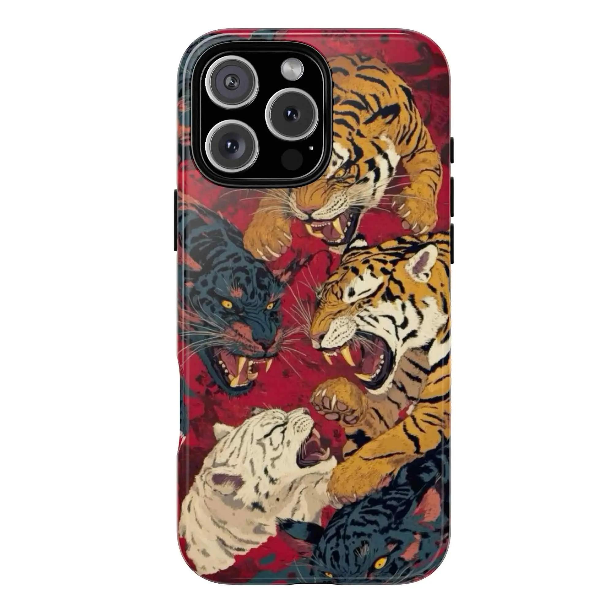 Vintage Chinese Tigers Phone Case for iPhone 17 16 15 14 13 12 11 – Cute Tiger Collage, Japanese Traditional Art Print & Big Cat Aesthetic Durable & Protective Cover Best Gift for Animal Lovers & Tiger Fans!