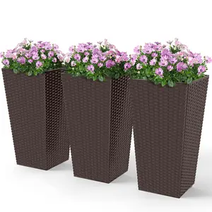 Outsunny Tall Planters for Outdoor Plants Set of 3, 24 In Taper Planters with Drainage Holes, Rattan Decor Plant Pots for Indoor Outdoor Front Porch Patio Backyard, Brown