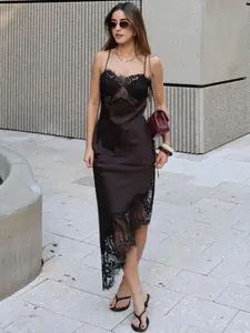 Women's Asymmetric Lace Satin Midi Dress, Chocolate Olive Thin Straps, Sleeveless, Lace Trim and Silk Aesthetic, Spring Summer Fashion