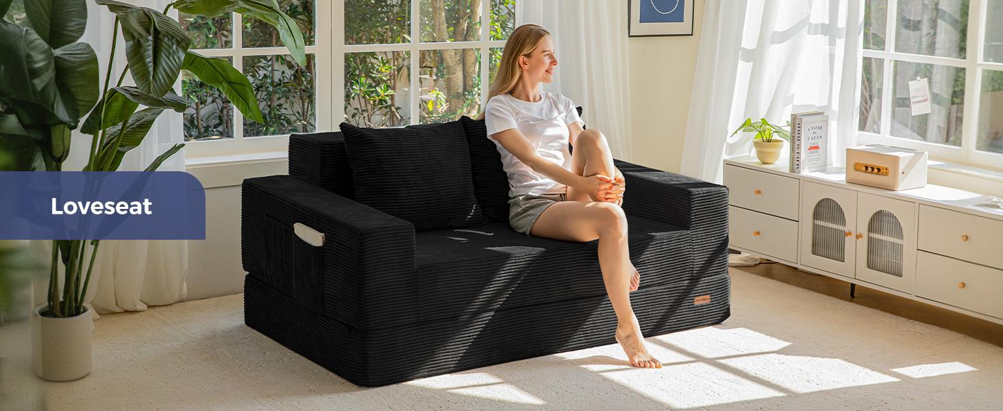MAXYOYO Loveseat Sofa Bed, 64" Foldable Floor Sofa Couch in A Box with 2 Cup Holders, 4 in 1 Convertible Boneless Couch Folding Recliner Sleeper Chair for Living Room, No Assembly Required