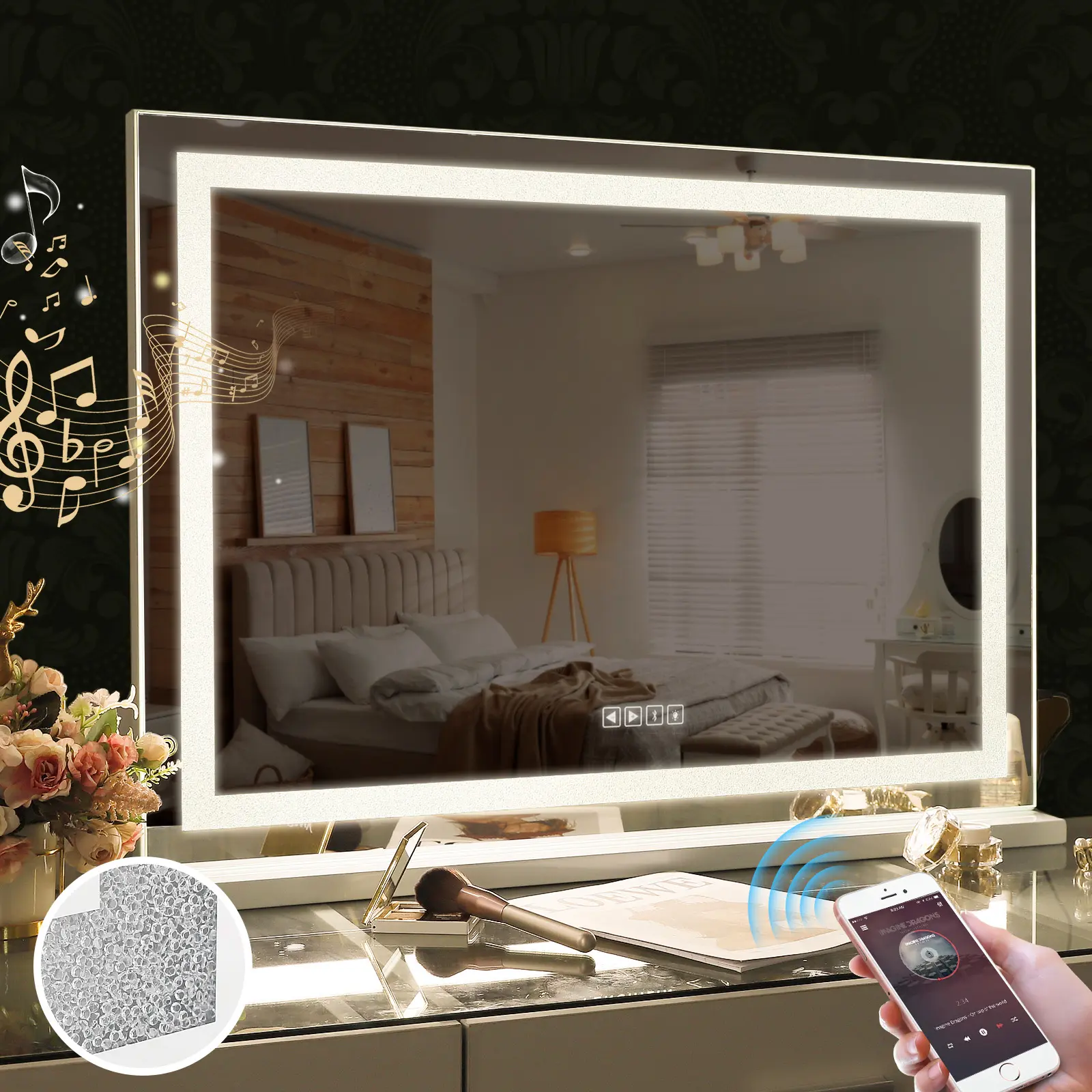 VANITII Hollywood Vanity Makeup Mirror with Lights Crystal LED Strip Bluetooth Wall Mount White Decor Hanging Electronic for Bedroom Home 32'' W x 23'' H
