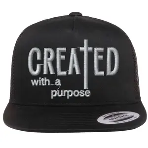 Created With A Purpose Embroidered Flat Bill Trucker Hat – Christian Faith Hat Featuring Jesus-Inspired Message – Religious Headwear for Men & Women – Faith-Based Streetwear Style – Meaningful Gift Idea for Believers, Youth Groups & Church Events