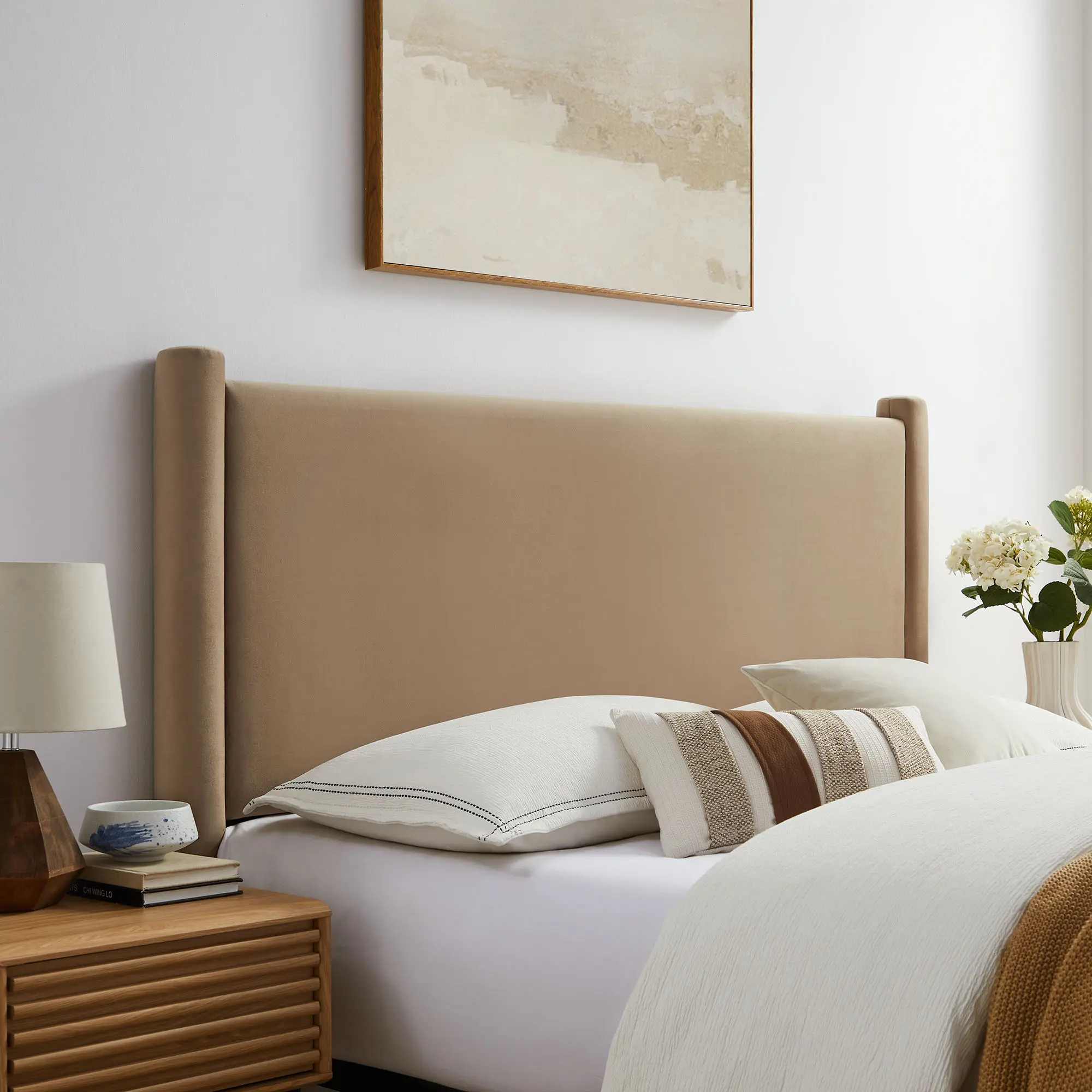 Rael Padded Upholstered Performance Velvet Queen Headboard - Taupe, Modern Design, Stylish and Functional, Assembly Required, Ideal for Modern Bedroom Headboards, Guest Room Use, Upholstered Bed Frame