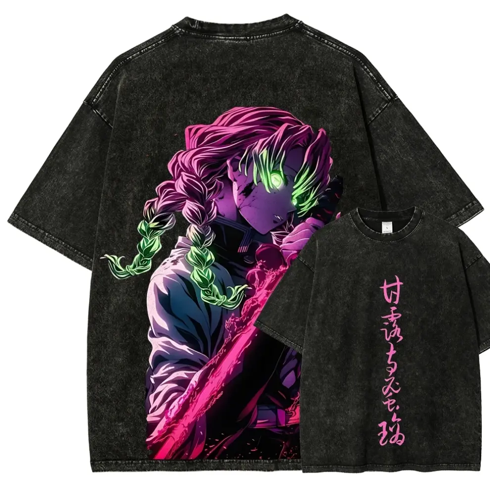Men's Casual Fitted Streetwear Short-Sleeve T-Shirt - Mitsuri Kanroji Anime-Inspired, Vintage Washed, Distressed Unisex Top