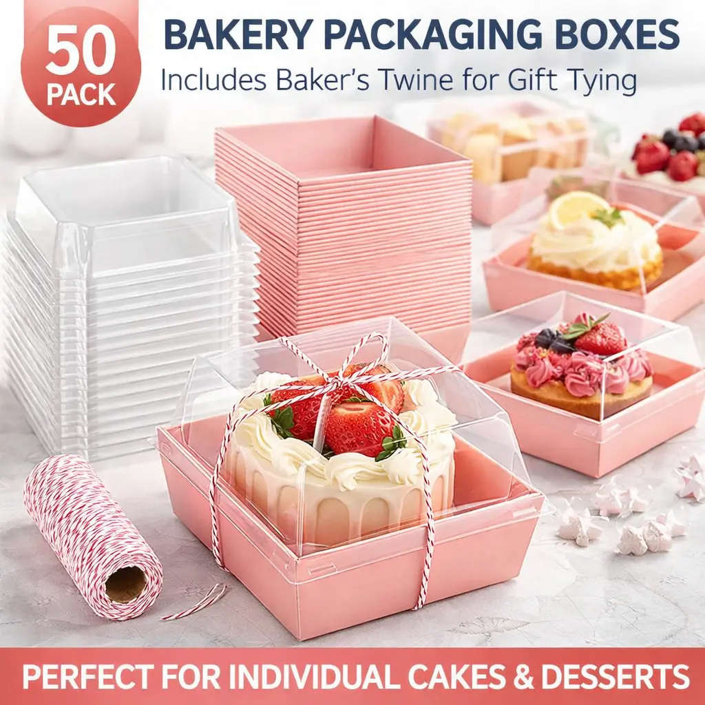 50-Pack Pink Paper Charcuterie Boxes - 4-in Square Disposable Containers with Clear Lids for Chocolate, Wedding, Birthday Desserts - Kitchen Bakeware To-Go Food Boxes