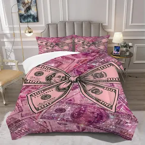 2/3Pcs Glittery Pink 100 Dollar Bill Comforter Set, Bedding Set with Eye-Catching Digital Print, Warm Comforter for a Whimsical Bedroom Decor Perfect for Teens and Young Adults, 1 or 2 Pillowcase No Pillow Core