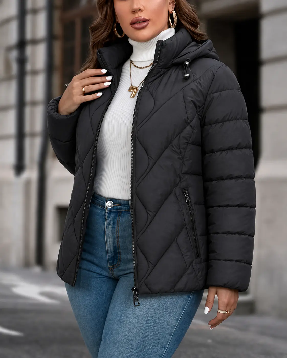 Women’s detachable hooded cotton jacket, 100% polyester fiber, diamond quilting for warmth, zip-up design, loose fit, windproof, removable hood, thickened quilted construction, ideal for autumn/winter commuting.