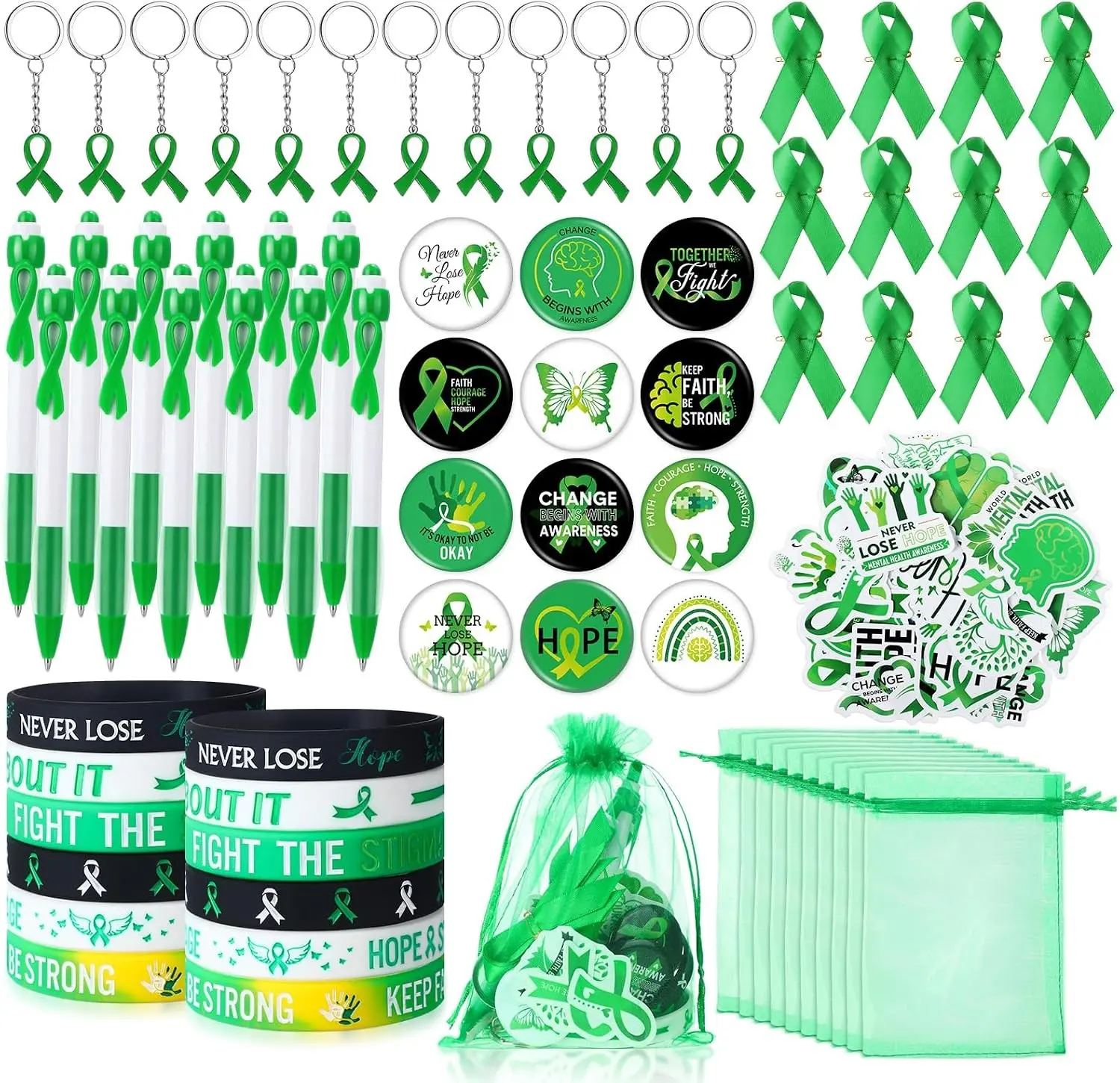 122 Pcs Ribbons Awareness Accessories Includes Ribbons Bracelets Stickers Pins Pens Keychain for School Charity Fundraiser Public Activities Supplies(Mental Health,Green)