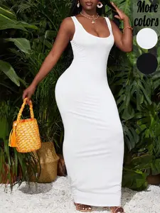 Plus-Size Black Sleeveless Bodycon Maxi Dress, Sexy, Casual, Vacation Style, Stretchy Slim-Fit Fabric & U-Neck Detail, For Curvy Women, Perfect for Beach Getaways, Date Night