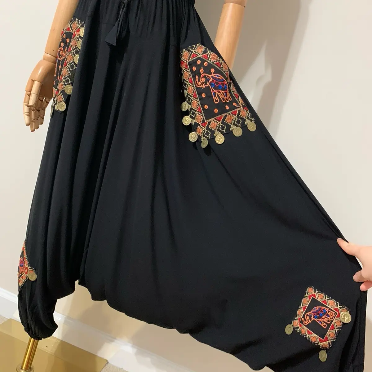 Black Elephant Hobo Tatreez Sherwal / Embroidered Low Harem Baggy Pants