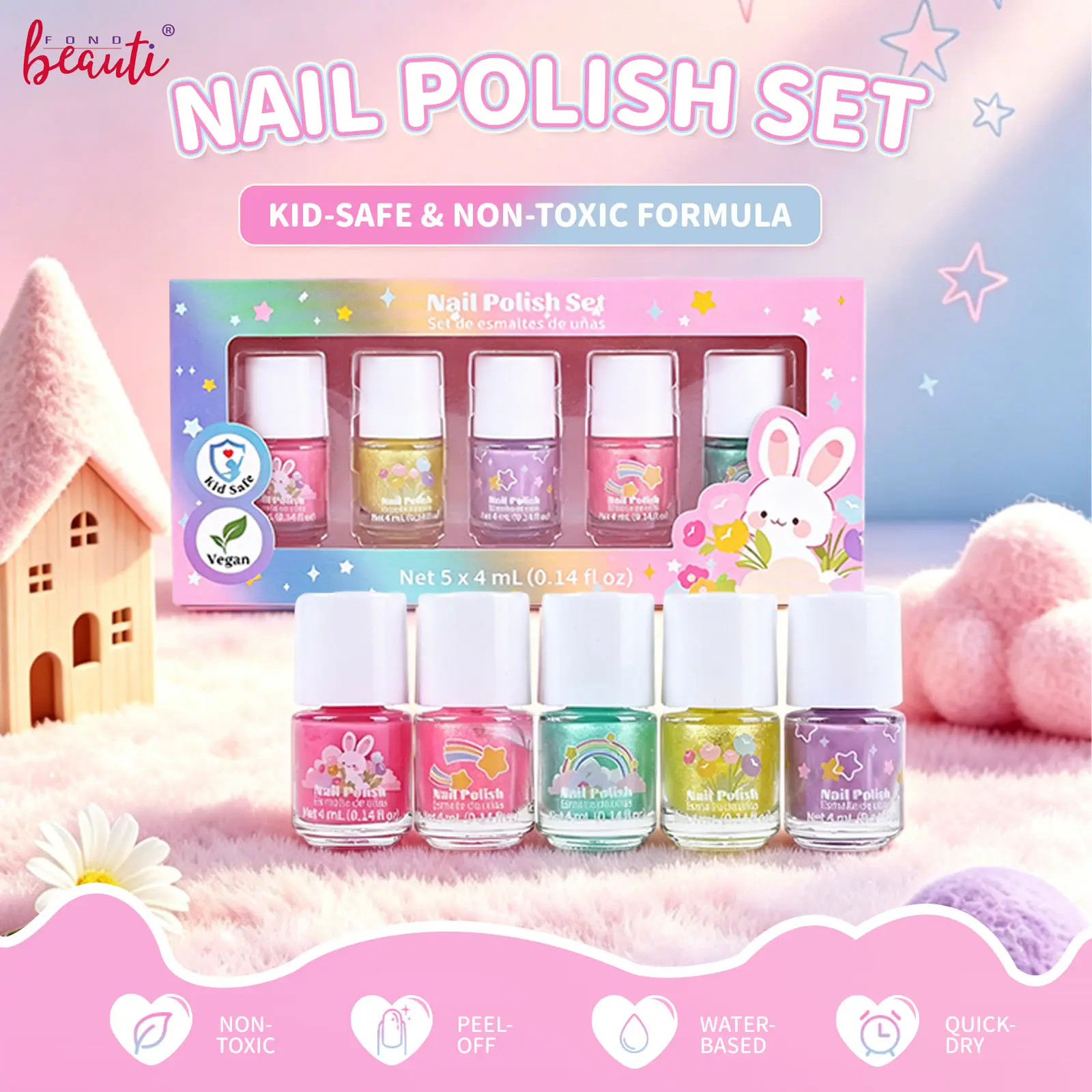 Fondbeauti 5-in-1 Easy Peel-Off Nail Polish Set, Non-Toxic Water-Based Formula, Beauty & Personal Care Nail Art Gift for Girls
