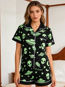 Women's Two-Piece Matching Alien Ufo Print Sleepwear Loungewear Pajama Set Pjs, Open Front Short Sleeve Top & Shorts, Casual Home Wear