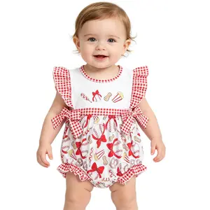 SR0848 Baby Girl Bodysuit - Cute Bow, Red Baseball Popcorn Print, Pearl Sleeves, Fitted Vest Onesie, Bubble-Style Kids' Fashion Top, Baby Girl Clothes