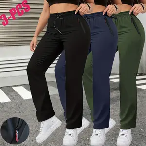 Women’s 3-Pack Summer High-Waist Straight-Leg Casual Jogger Pants with Zipper Pockets Fitted Minimalist